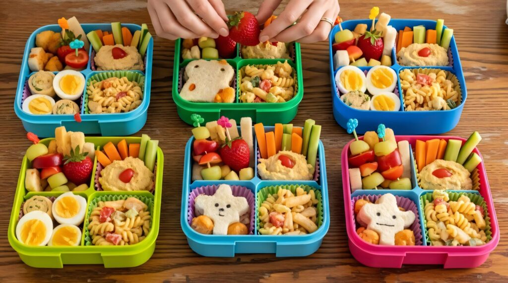 Close-up of hands arranging fresh strawberries into colorful bento boxes filled with healthy food for kids on a rustic wooden table, perfect for